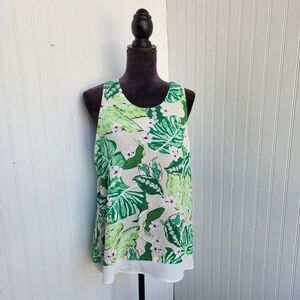 Casey Keys Tank Top Beach Vacation Tropical Print Cruise Palm Leaf Beige Green L